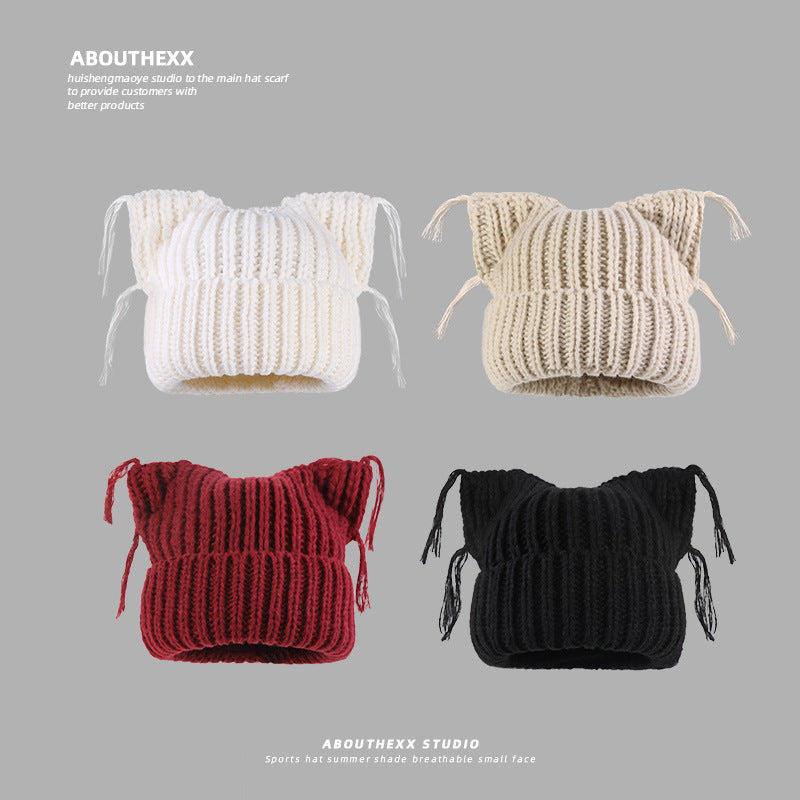 Same Style as Stars2025Winter Essential Cat Ear Tassel Hat for Women, Thickened Warm Knitted Hat, Fashionable Versatile Autumn Winter Cute Quality Style