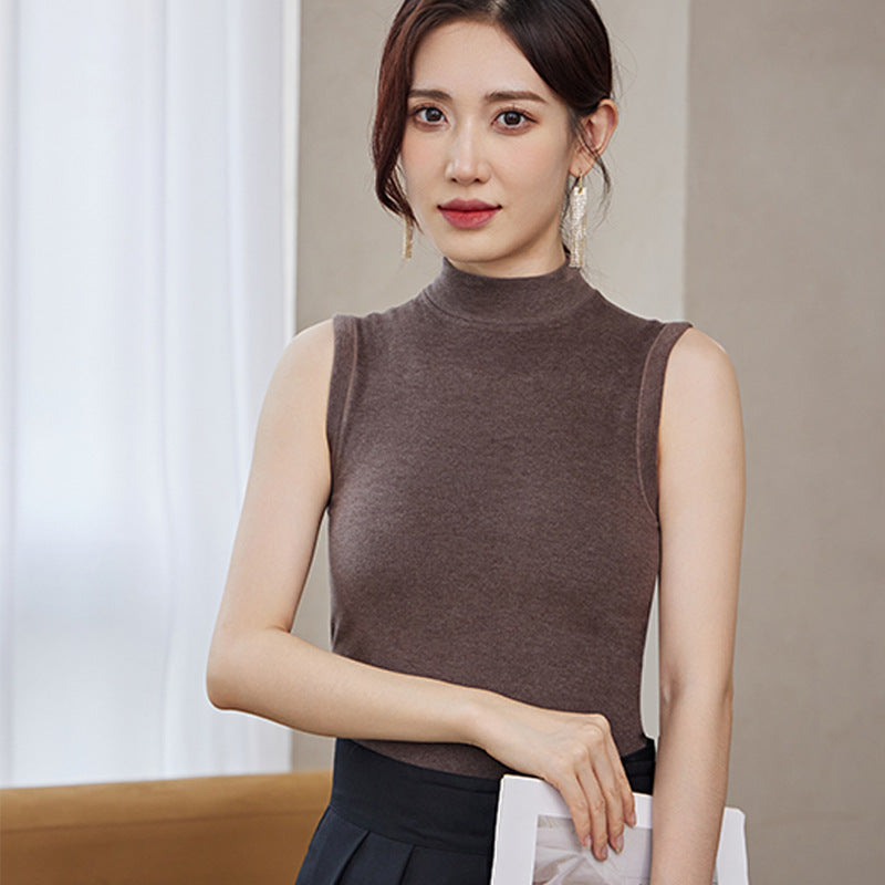 Slim Fit Half Turtleneck Vest Versatile for Autumn and Winter8811Slimming Solid Color Fashion Black Sleeveless Vest for Women