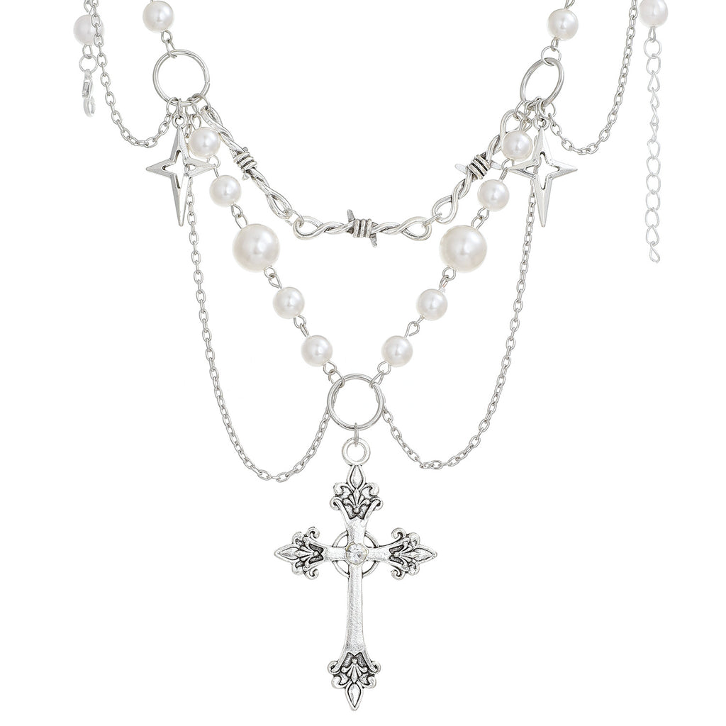 Celebrity Style Jewelry Niche Design Hot Girl Imitation Pearl Tassel Heart Cross Butterfly Versatile Necklace for Women