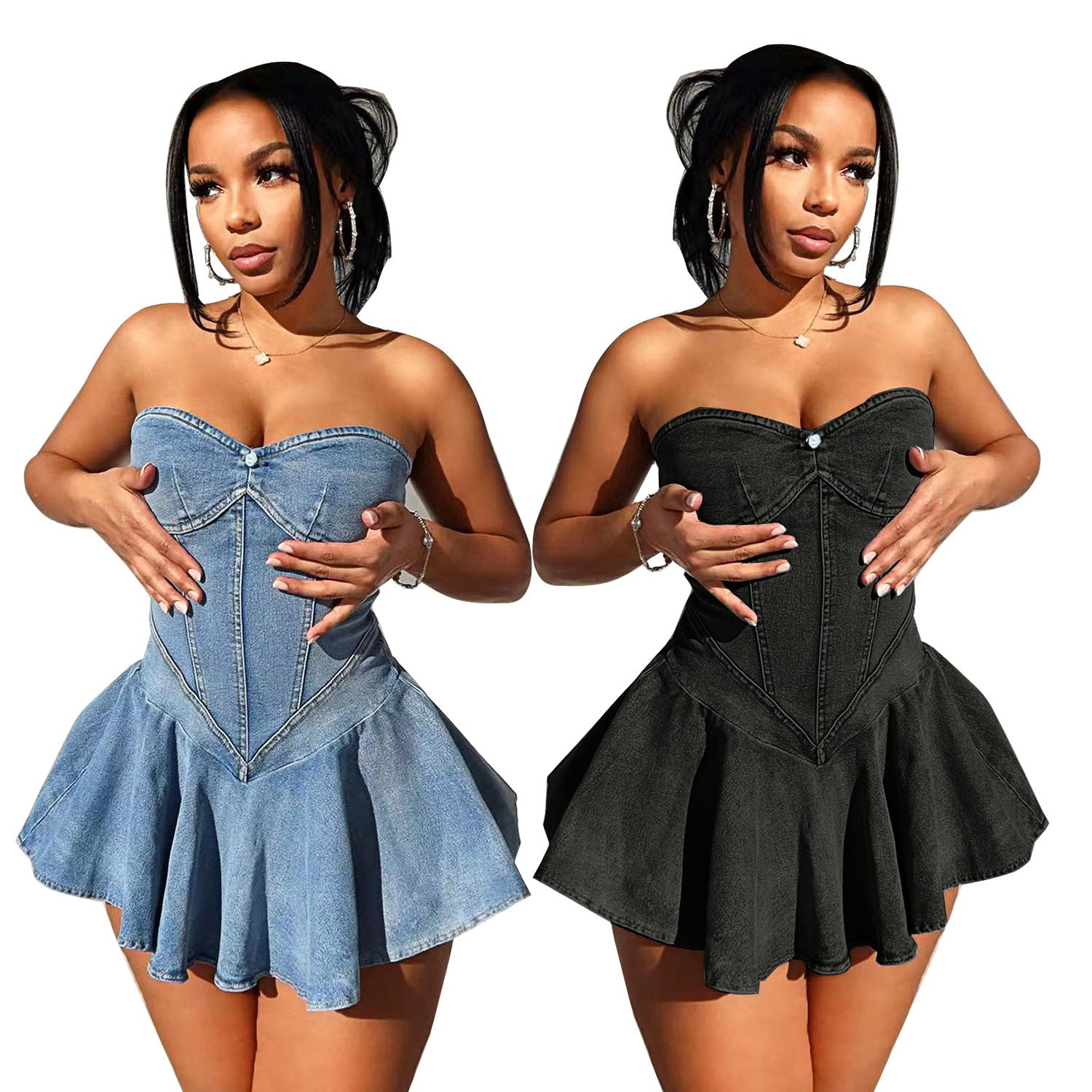 D8699Women's Fashion Sleeveless Tube Top Denim Sexy Hot Girl A Word mini Dress