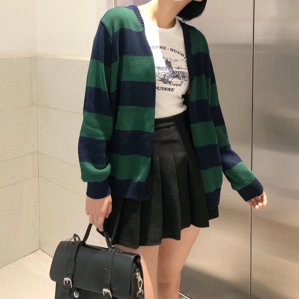 BM Style Retro College Style V-Neck Green Striped Loose BM Knitted Sweater Cardigan Coat for Women