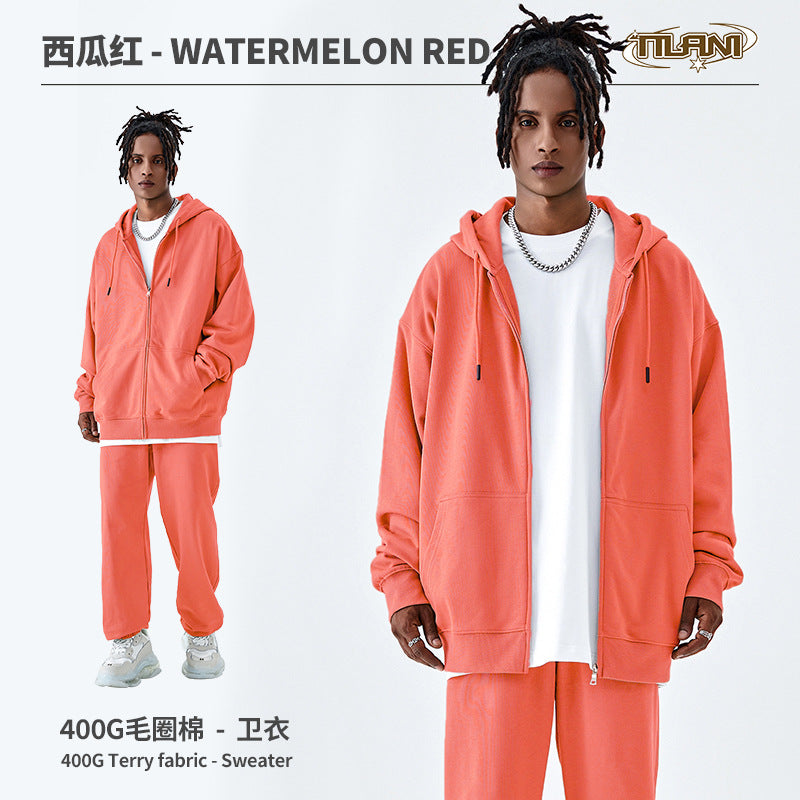 TILANI Men's Fashion Brand Dopamine400G Zipper Jacket Solid Color Unisex Cardigan Hooded Sweatshirt