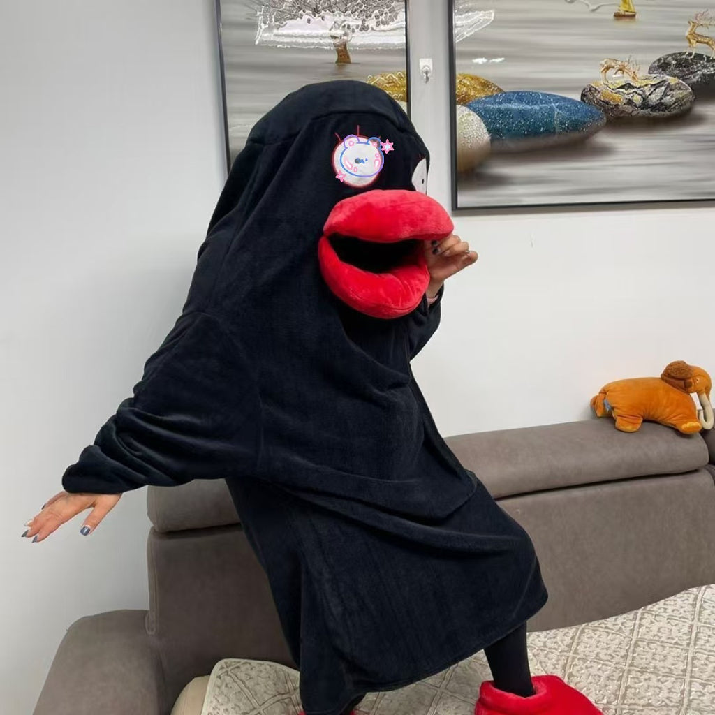 Autumn Winter Little Yellow Chicken One-Piece Pajamas Funny Cute Coral Fleece Couple Robe Unisex Homewear