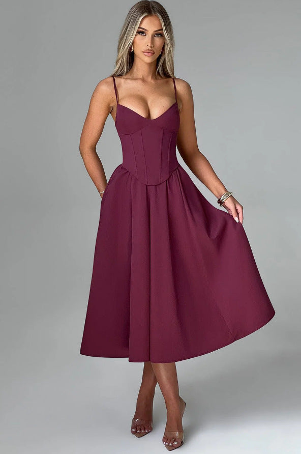 French Retro Solid Color Sleeveless Fishbone Dress2024Winter New Fresh and Elegant V Collared Waist-Cinching Mid-Length Skirt