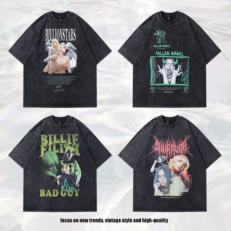 Celebrity Style American Retro Billie Singer Character Print Short Sleeve T Men's and Women's Street Style Short Sleeve T-Shirt