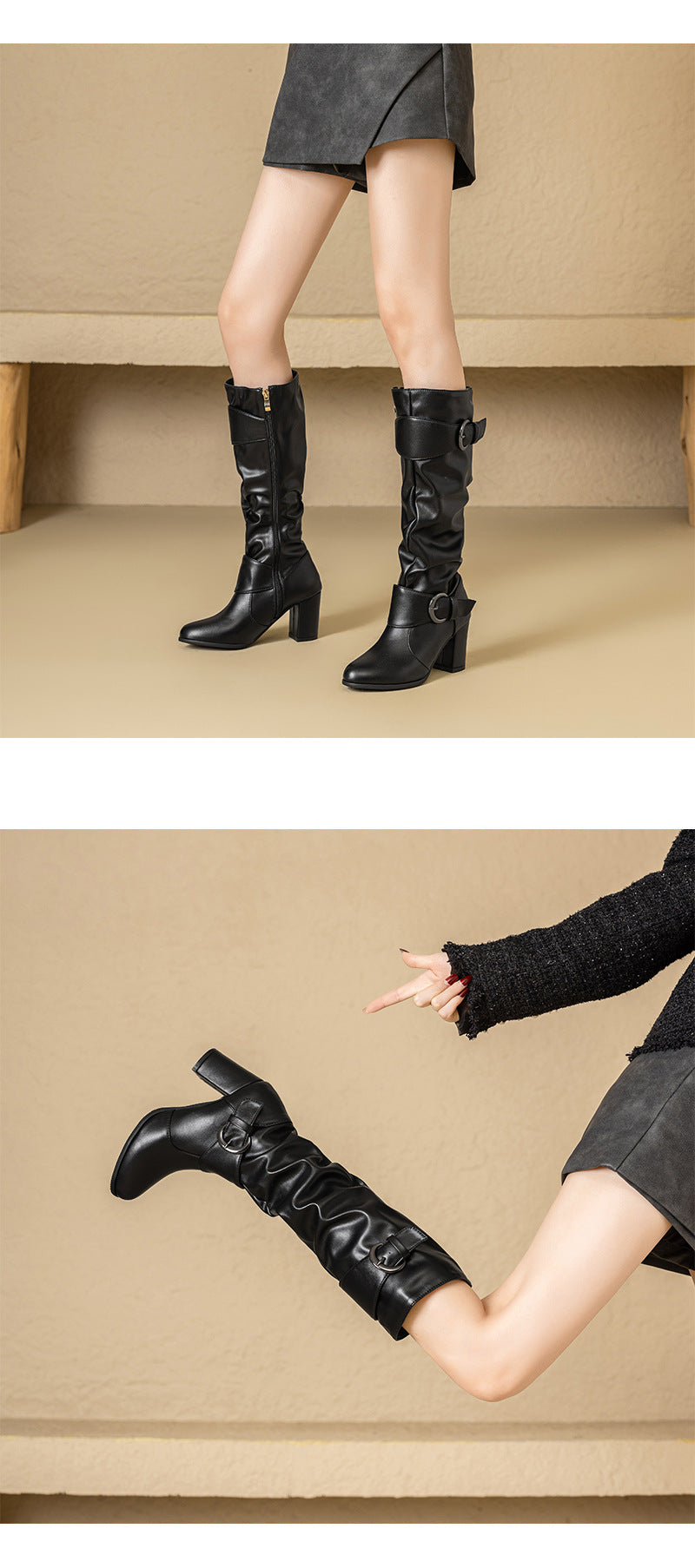 33-52Plus Size Autumn Winter Women's Boots with Belt Buckle, Thick High Heel, Knee-High Long Boots H776