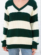 "Library Crush" Oversized Cable Knit - Preppy Striped Pullover