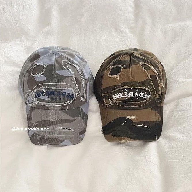 Celebrity Style Spring Summer New American Retro Distressed Camouflage Letter Baseball Cap for Women, Face Slimming Hat, Large Head Circumference Duckbill Cap