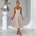 French Retro Solid Color Sleeveless Fishbone Dress2024Winter New Fresh and Elegant V Collared Waist-Cinching Mid-Length Skirt