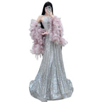 French-style Halter Neck Toasting Dress for Bride2025New Light Luxury Elegant Pink Feather Shawl Sequin Evening Dress