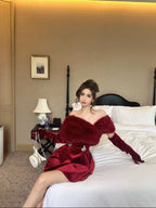 Celebrity Custom High-End Fur Single-Piece Strapless Velvet Dress with Gloves and Fur Shawl European Style Evening Elegant Look