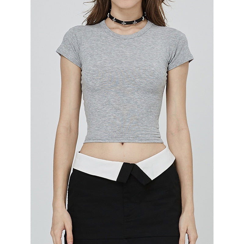 Custom Celebrity Straight Shoulder SKIMS Skin-friendly Kendall Jenner Style Short Sleeve t Women's Summer American Style Pure Desire Slim Fit Versatile Short Top