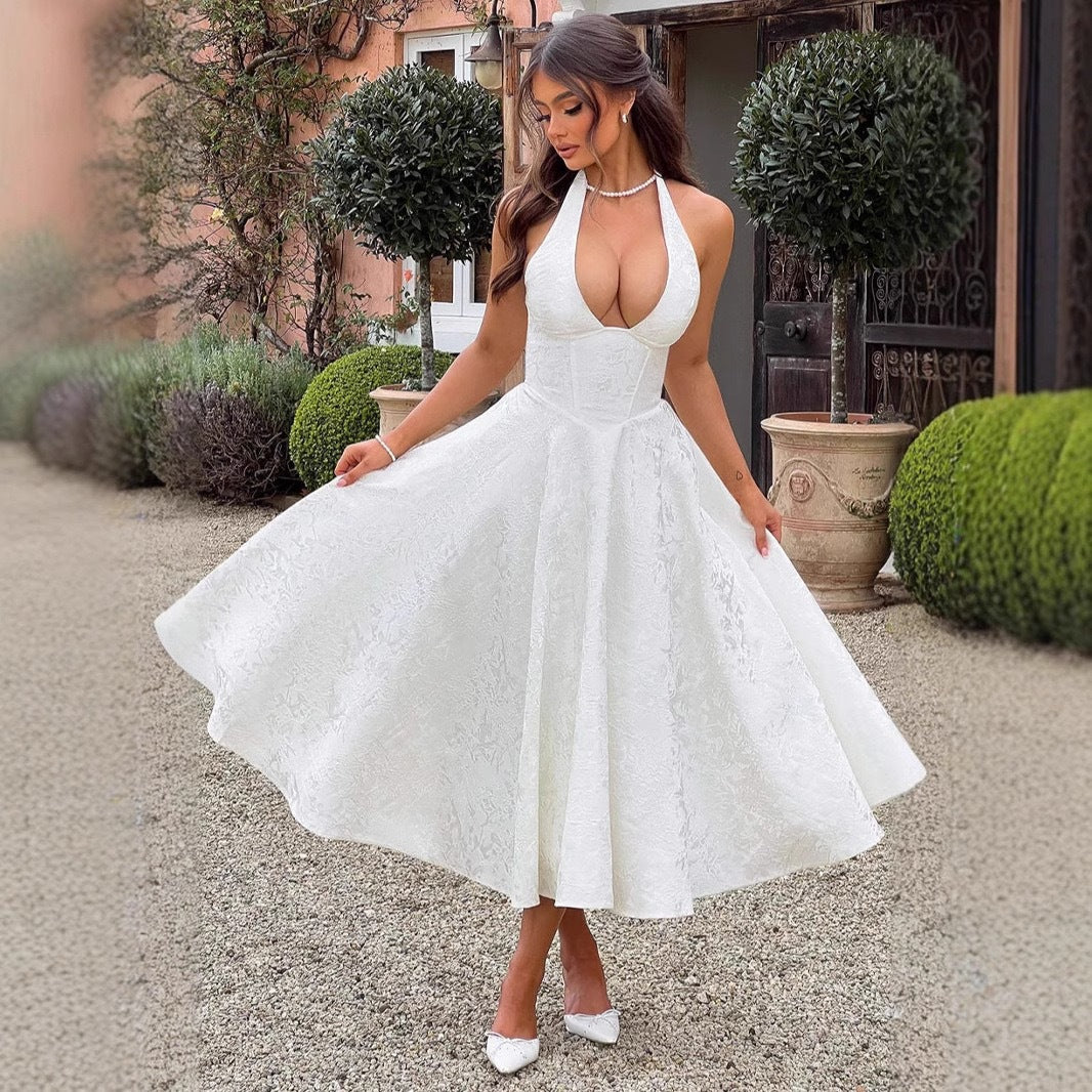 New V Collared Halter Neck Sleeveless Jacquard Tie Waist Dress Mid-Length High-End Formal Dress Trendy