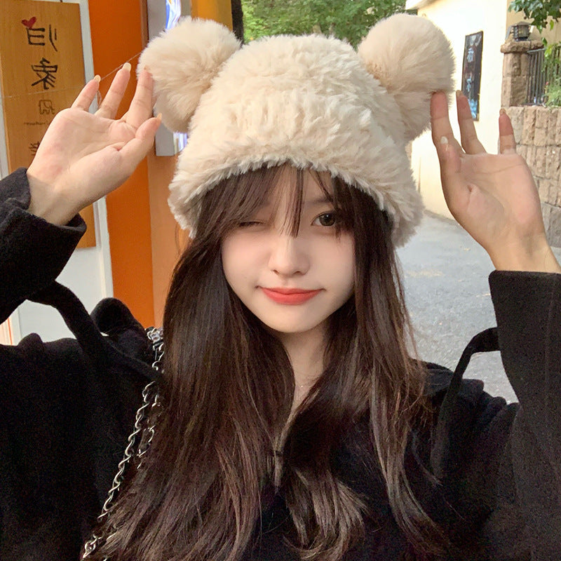 Korean Sweet Cute Bear Plush Knitted Hat for Women, Thickened and Warm for Autumn and Winter, Face-Slimming Beanie