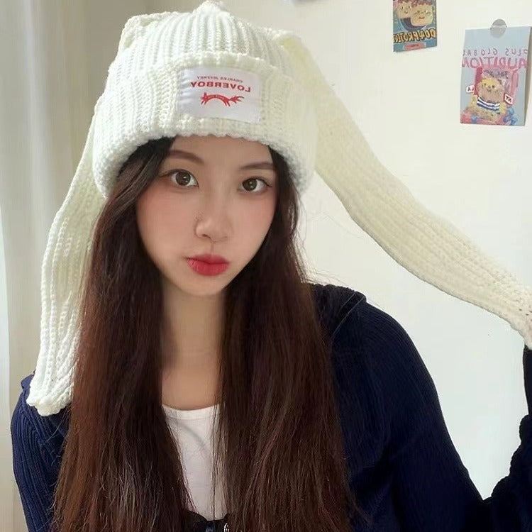 Winter Hat for Women Korean Style Knitted Cat Ear Hip-Hop Beanie Personalized Letter Warm Pullover Hat Internet Celebrity Same Style