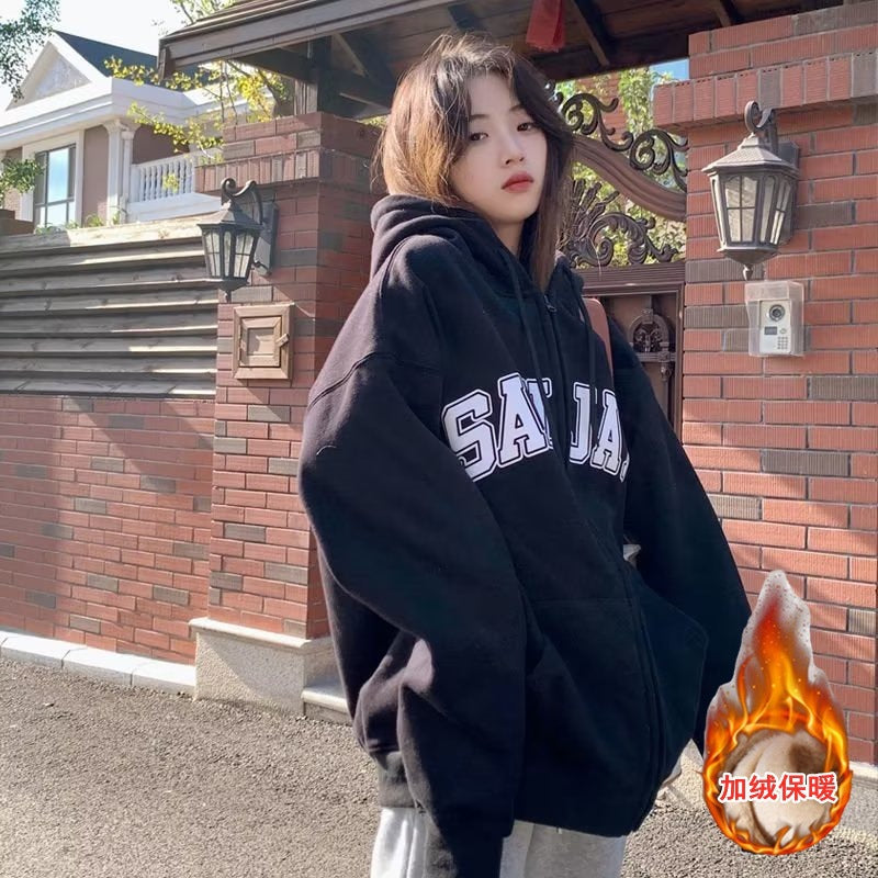 Fleece-Lined Cardigan Hooded Sweatshirt for Women, New Loose Casual Lazy Style for Autumn and Winter, Versatile Outerwear