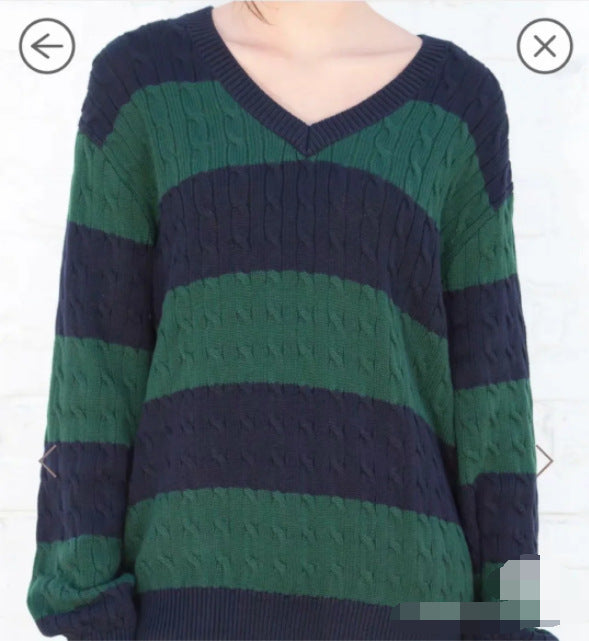 "Library Crush" Oversized Cable Knit - Preppy Striped Pullover