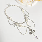 Celebrity Style Jewelry Niche Design Hot Girl Imitation Pearl Tassel Heart Cross Butterfly Versatile Necklace for Women