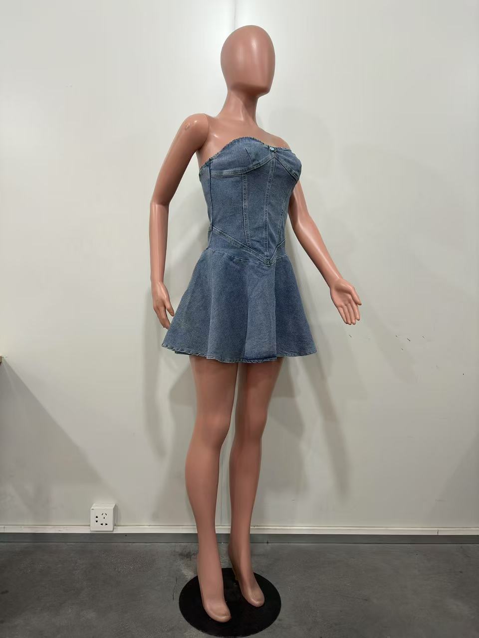 D8699Women's Fashion Sleeveless Tube Top Denim Sexy Hot Girl A Word mini Dress