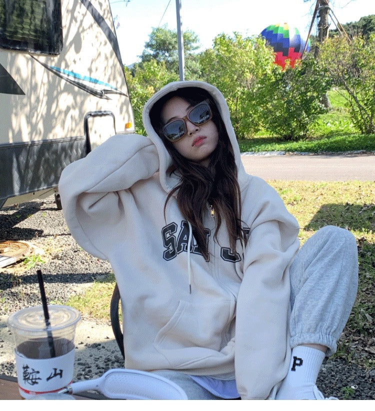 Fleece-Lined Cardigan Hooded Sweatshirt for Women, New Loose Casual Lazy Style for Autumn and Winter, Versatile Outerwear