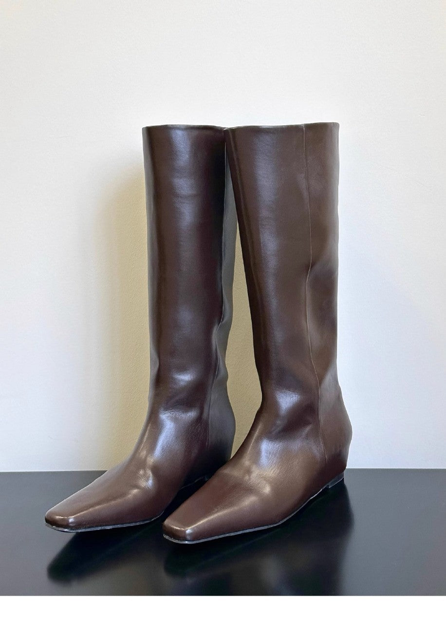 Star Custom Celebrity Cowhide Melad Wide Tube Square Toe Women's Riding Boots with Hidden Heel, Slimming Long Boots, Over-the-Knee Comfortable Boots