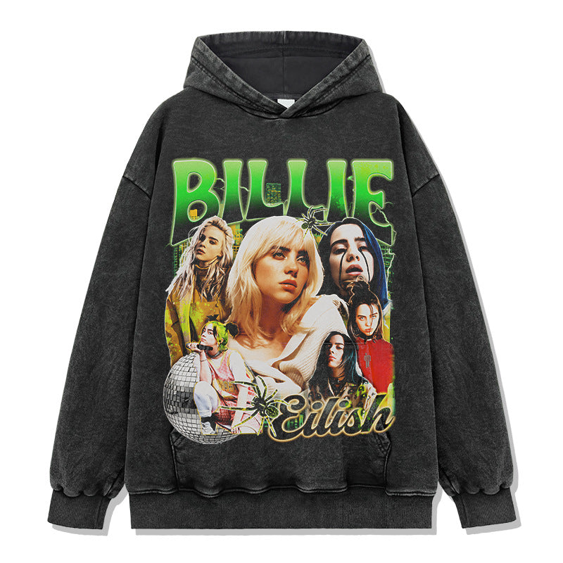 Same Style as Stars Billie Printed Short Sleeve T Trendy Heavyweight Crew Neck Hooded Sweatshirt