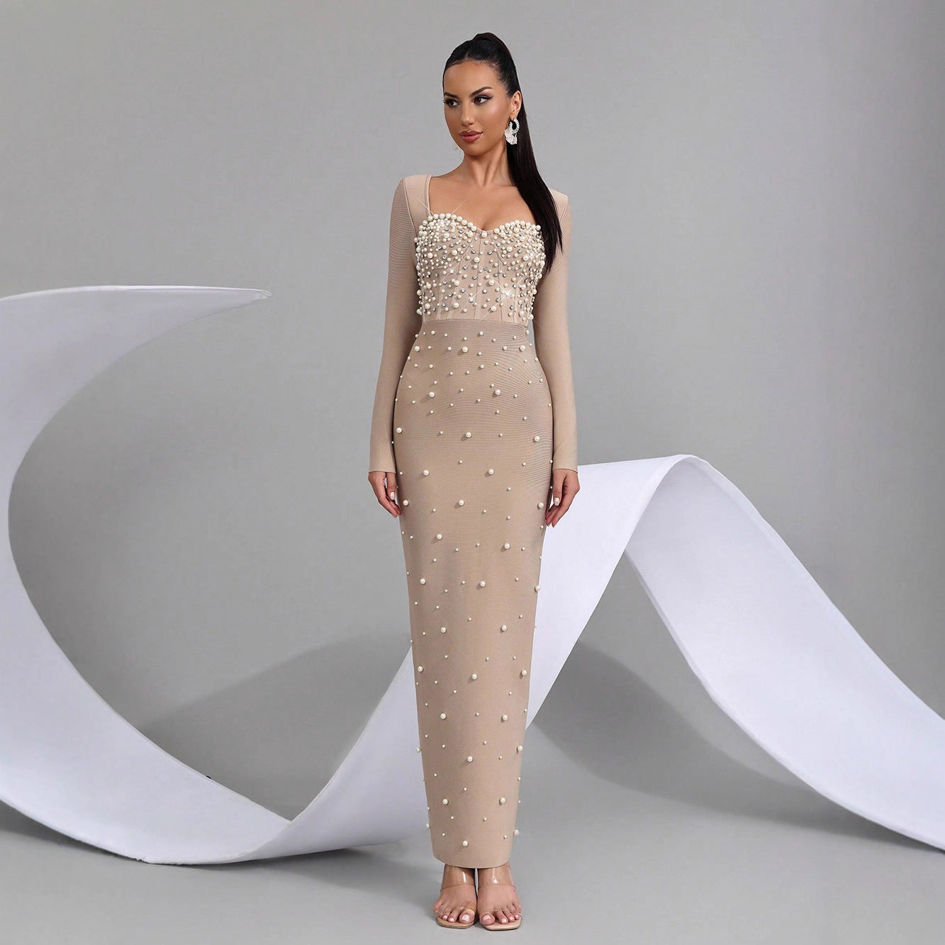Star Custom Autumn New Beaded Diamond Tight Luxury Long Dress Bandage Dress Women Long Sleeve Elegant Evening Party Gown