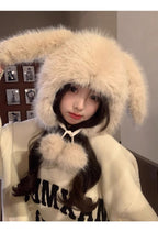 Cute Rabbit Lei Feng Hat with Ears, Plush Hat for Women, Winter Fox Fur Thickened Warmth, Cold Protection, Ear Protection, Head Wrap Hat for Women