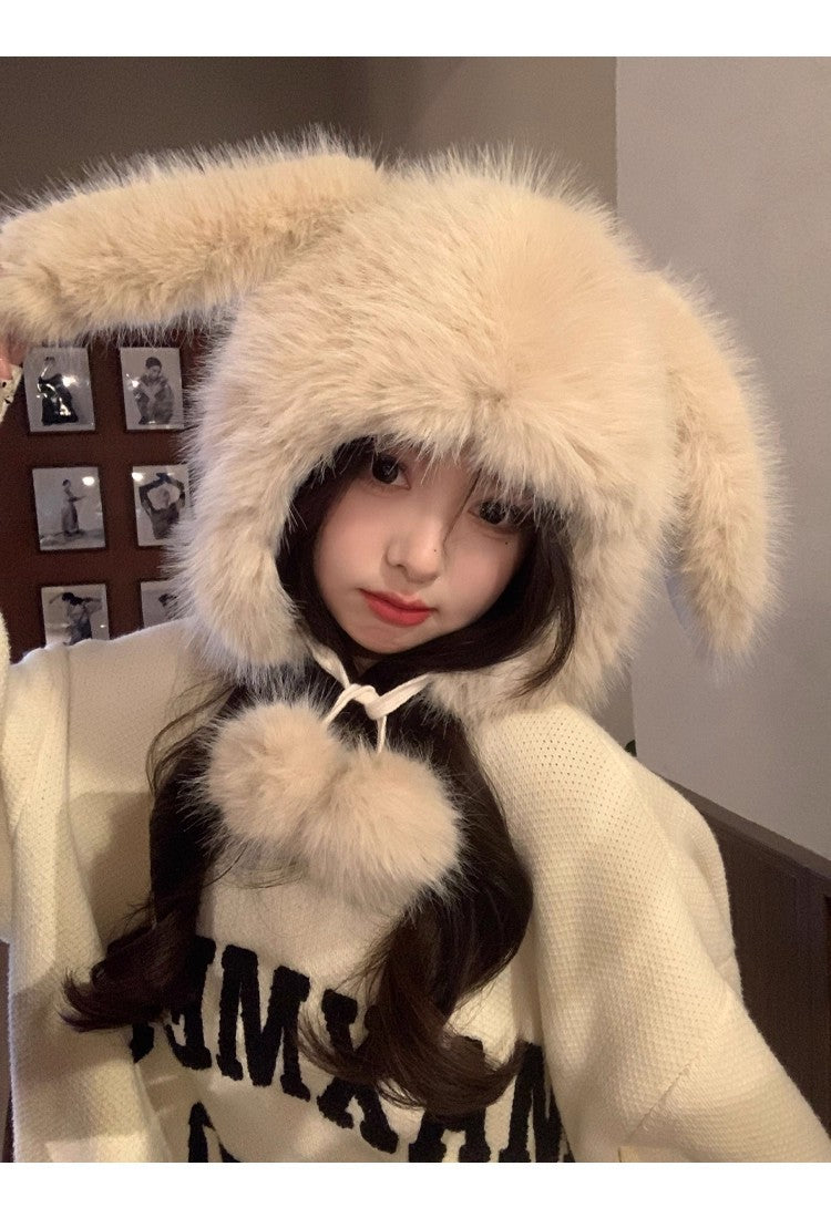 Cute Rabbit Lei Feng Hat with Ears, Plush Hat for Women, Winter Fox Fur Thickened Warmth, Cold Protection, Ear Protection, Head Wrap Hat for Women