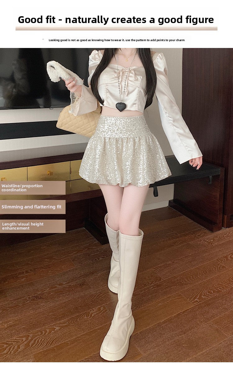 "Traitor" MV Vibe Sequin Skirt - Cream Coquette Mini