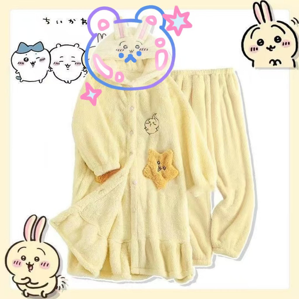 Autumn Winter Little Yellow Chicken One-Piece Pajamas Funny Cute Coral Fleece Couple Robe Unisex Homewear