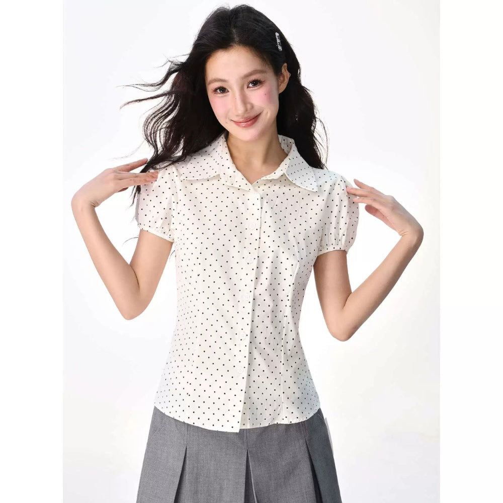 Star Custom Polka Dot Elastic Cuff Turn-Down Collar Shirt for Women Summer Slim Fit Sweet Design Short Sleeve Shirt