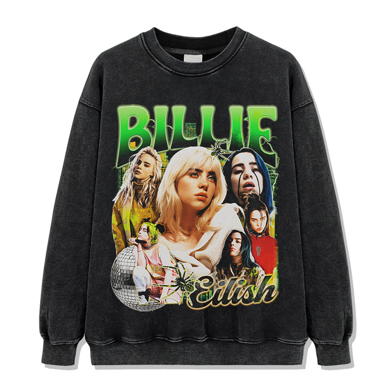 Same Style as Stars Billie Printed Short Sleeve T Trendy Heavyweight Crew Neck Hooded Sweatshirt
