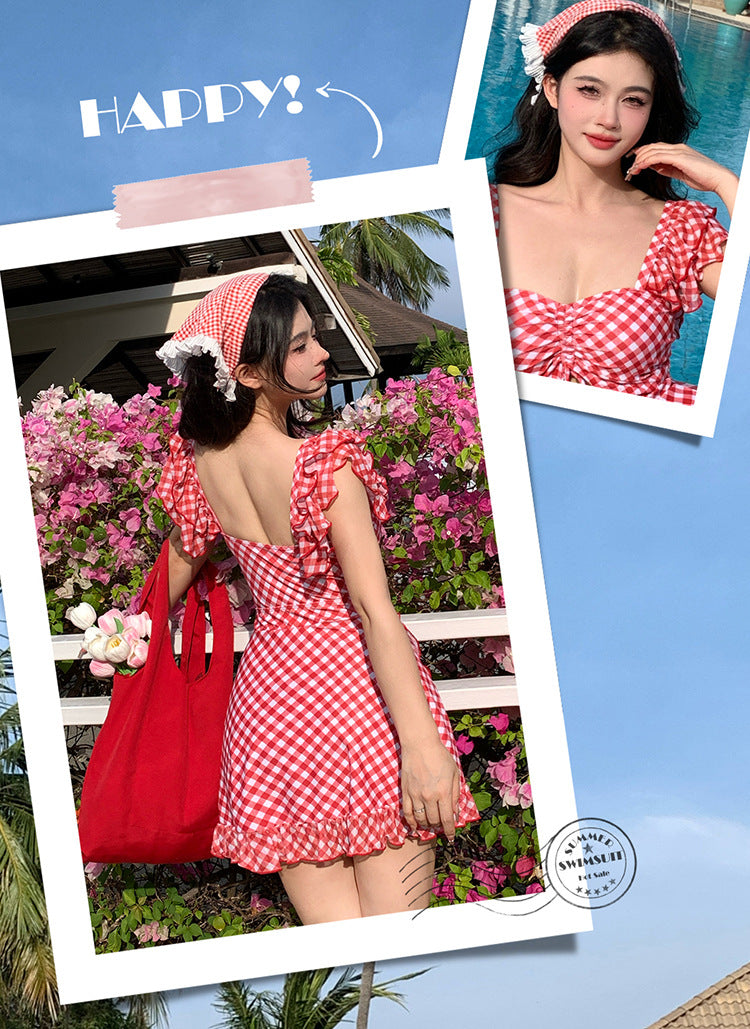 Custom Celebrity Design2025New Korean Niche Pure Desire Style Red Plaid Slimming Covering Body Conservative Beach Hot Spring One-Piece Swimsuit for Women