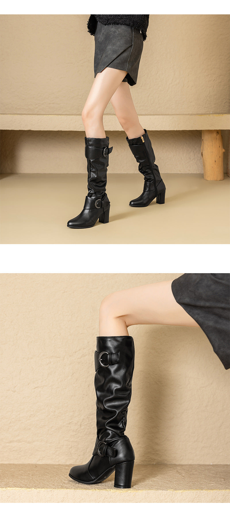 33-52Plus Size Autumn Winter Women's Boots with Belt Buckle, Thick High Heel, Knee-High Long Boots H776