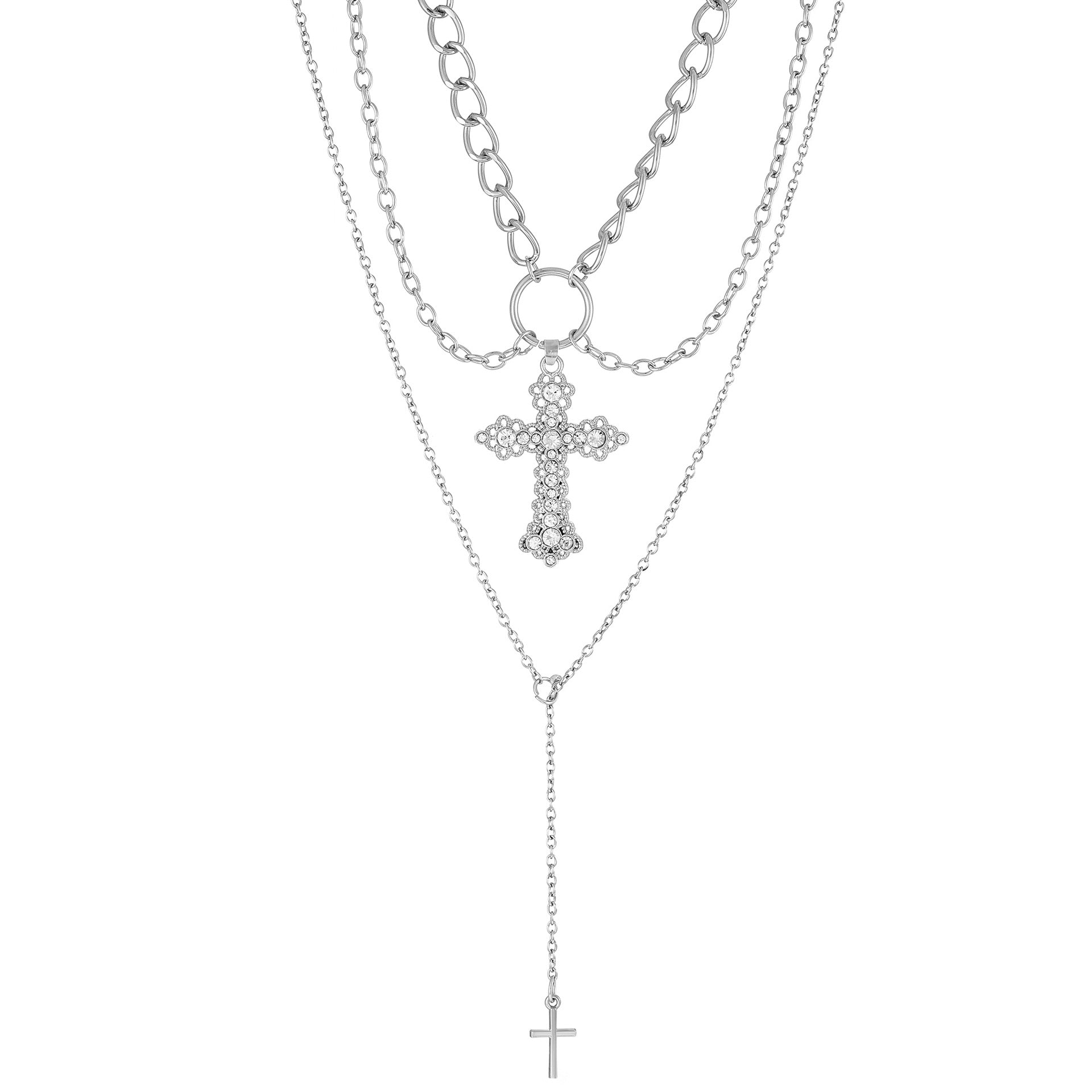 Celebrity Style Accessories ins Vintage Alloy Retro Pearl Cross Pendant Accessory Punk Versatile Multi-layer Sweater Necklace for Women Trendy