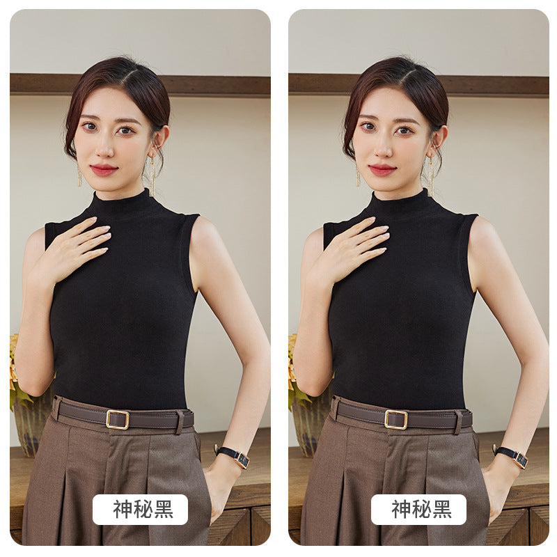 Slim Fit Half Turtleneck Vest Versatile for Autumn and Winter8811Slimming Solid Color Fashion Black Sleeveless Vest for Women
