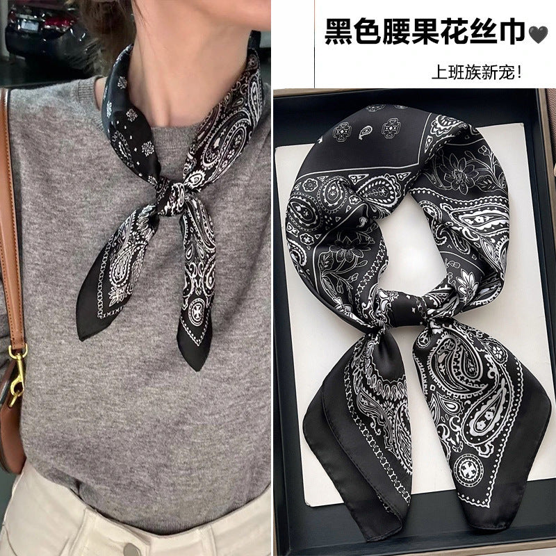 Same Style as Stars2025New Paisley Small Cashew Deformed Insect Satin70Silk Scarf Scarf Headscarf Fashion Design Small Water Drop Square Scarf Decoration Matching Headscarf