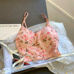 Custom Celebrity Design（with Chest Pad）Sexy Pure Desire Floral Short Camisole Summer High Waist Crop Top Versatile Top