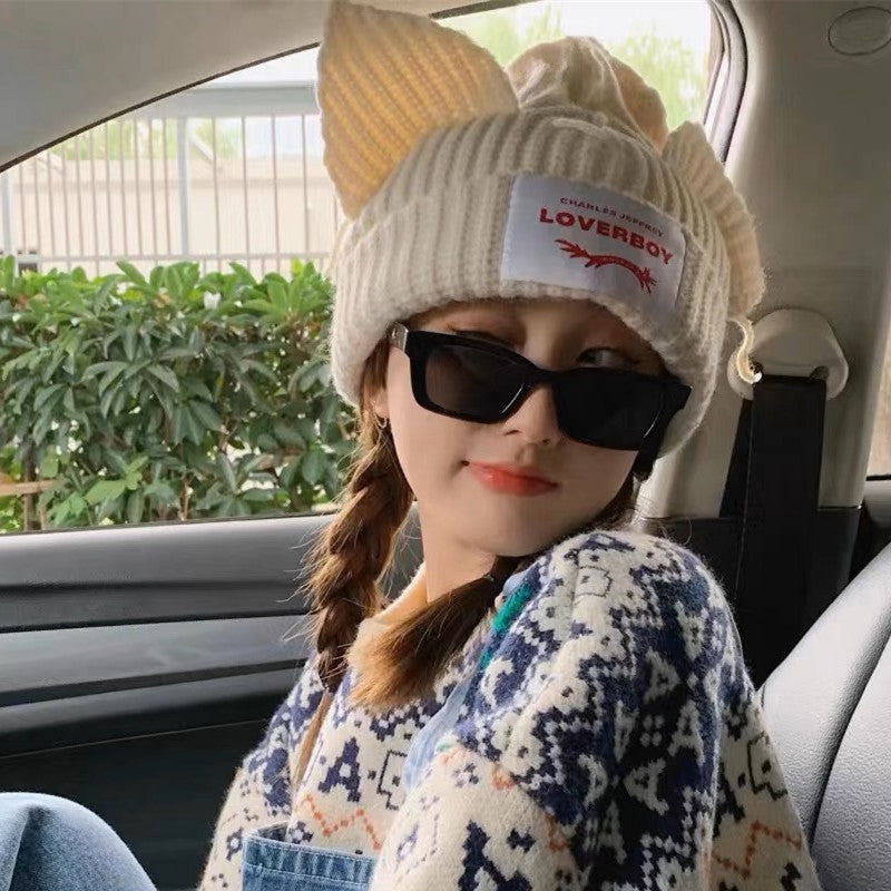 Winter Hat for Women Korean Style Knitted Cat Ear Hip-Hop Beanie Personalized Letter Warm Pullover Hat Internet Celebrity Same Style