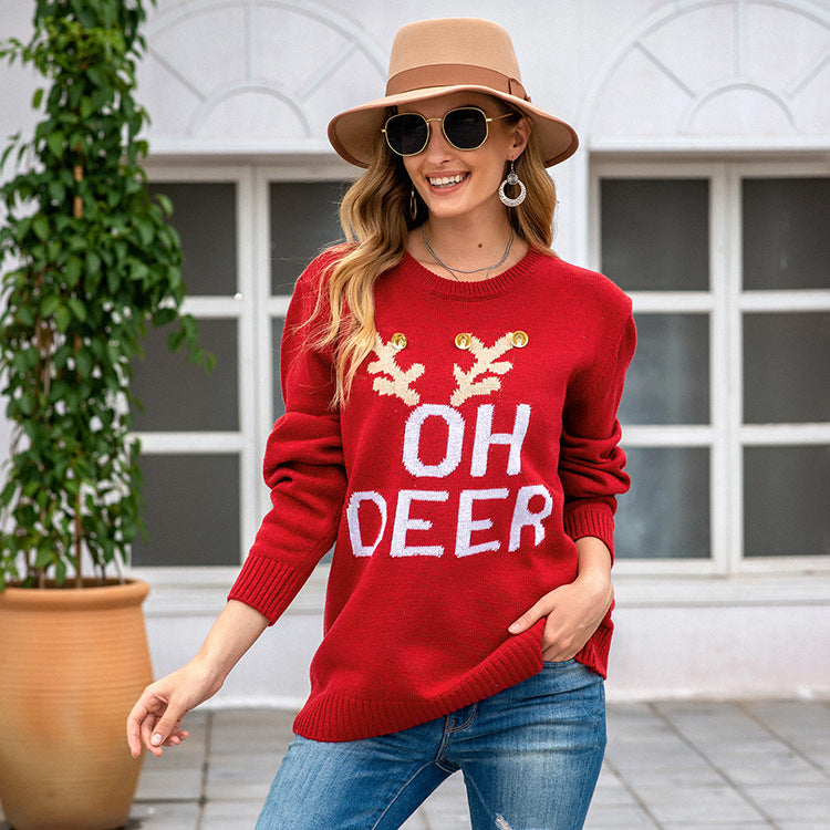 Autumn Winter Women's Christmas Long Sleeve Pullover Sweater European American Knitted Letter Bell Round Neck Holiday Sweater Christmas Limited Edition