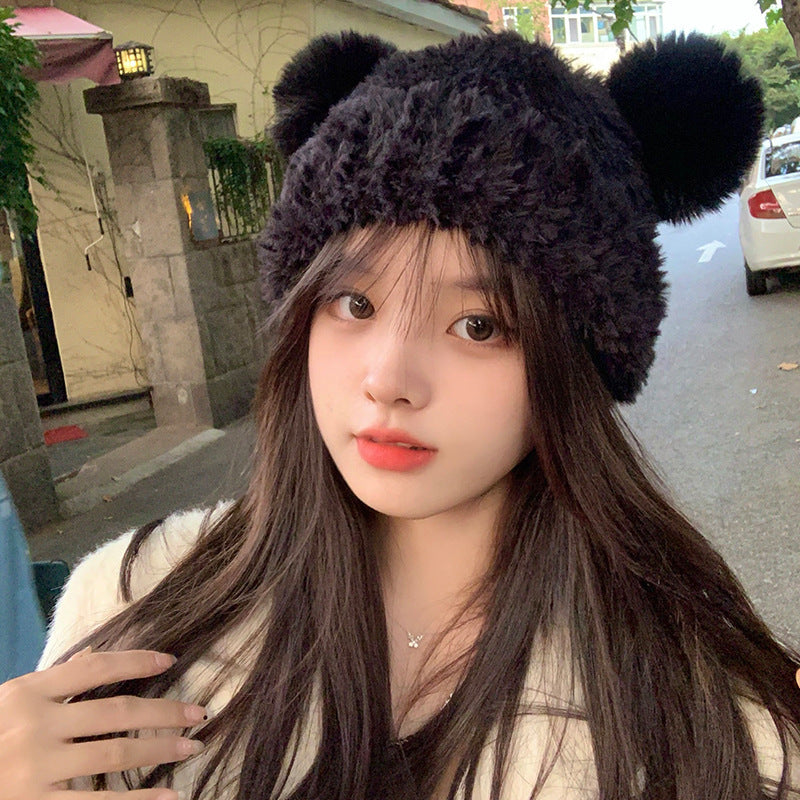 Korean Sweet Cute Bear Plush Knitted Hat for Women, Thickened and Warm for Autumn and Winter, Face-Slimming Beanie