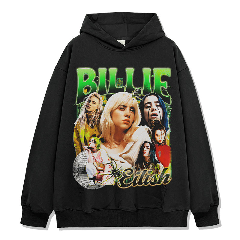 Same Style as Stars Billie Printed Short Sleeve T Trendy Heavyweight Crew Neck Hooded Sweatshirt
