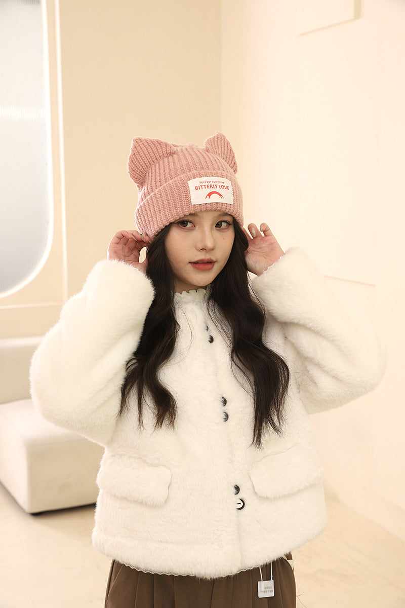 Korean Style Sweet Cute Cat Ear Knitted Hat for Women, Autumn and Winter Warm Ear Protection with Letter Patch, Versatile Knit Hat