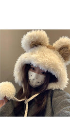 Women's Hat2024New Fluffy Cute Bear Thickened Warm Hat for Autumn and Winter, Big Head Circumference, Face Slimming Pullover Hat
