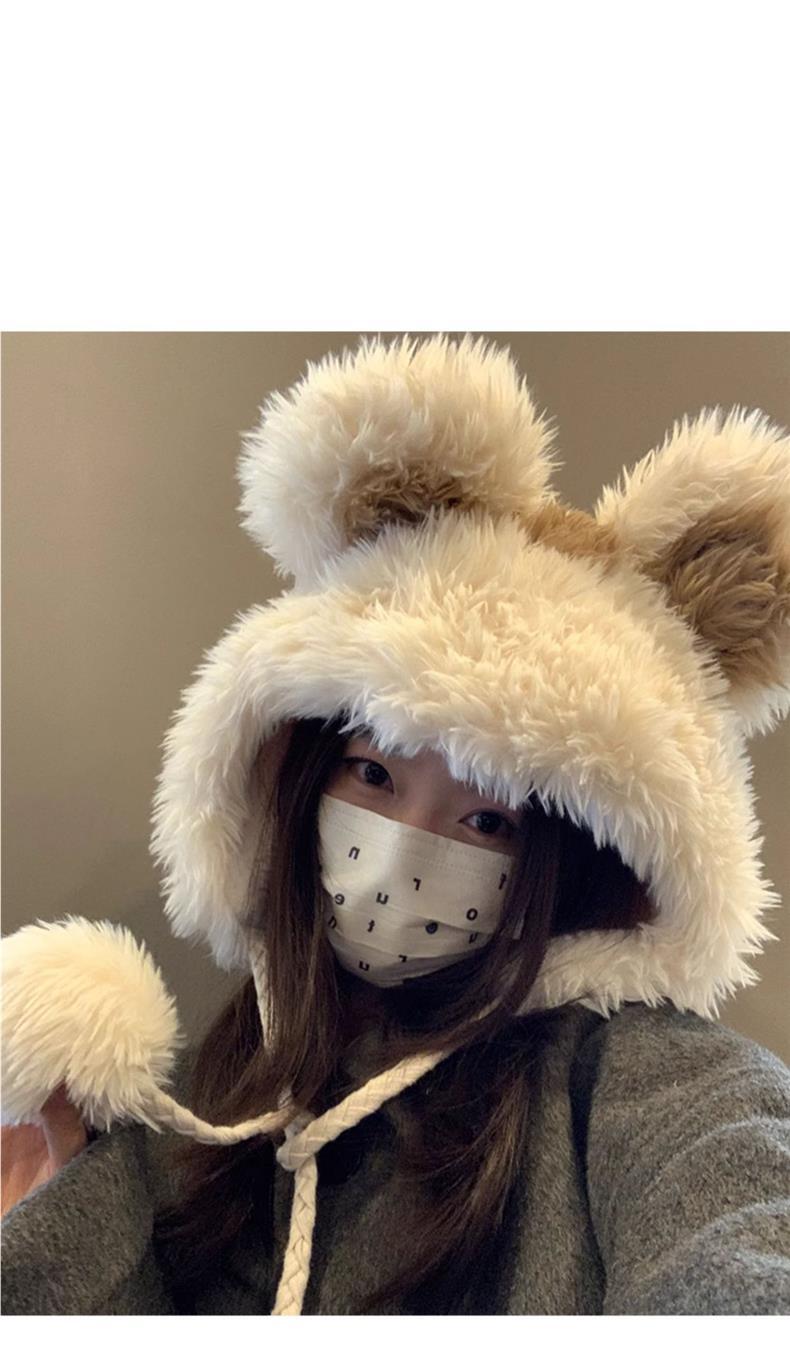 Women's Hat2024New Fluffy Cute Bear Thickened Warm Hat for Autumn and Winter, Big Head Circumference, Face Slimming Pullover Hat