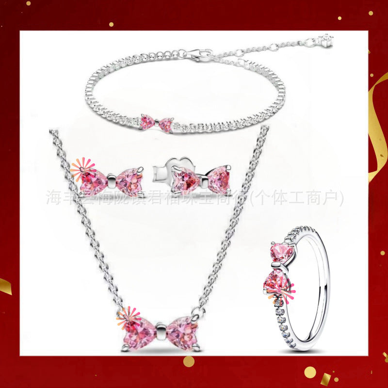 Panjia Silver Plated Hot Selling Product Bow Necklace Ear Stud Ring Bracelet4Set Gift Set Women's All-Matching