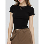 Custom Celebrity Straight Shoulder SKIMS Skin-friendly Kendall Jenner Style Short Sleeve t Women's Summer American Style Pure Desire Slim Fit Versatile Short Top