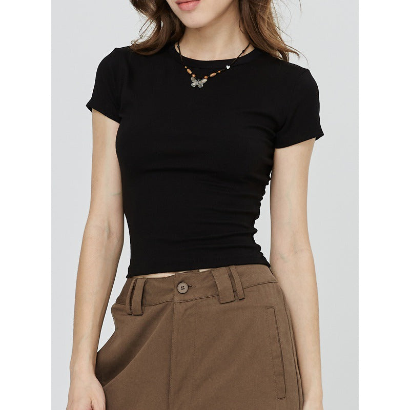 Custom Celebrity Straight Shoulder SKIMS Skin-friendly Kendall Jenner Style Short Sleeve t Women's Summer American Style Pure Desire Slim Fit Versatile Short Top