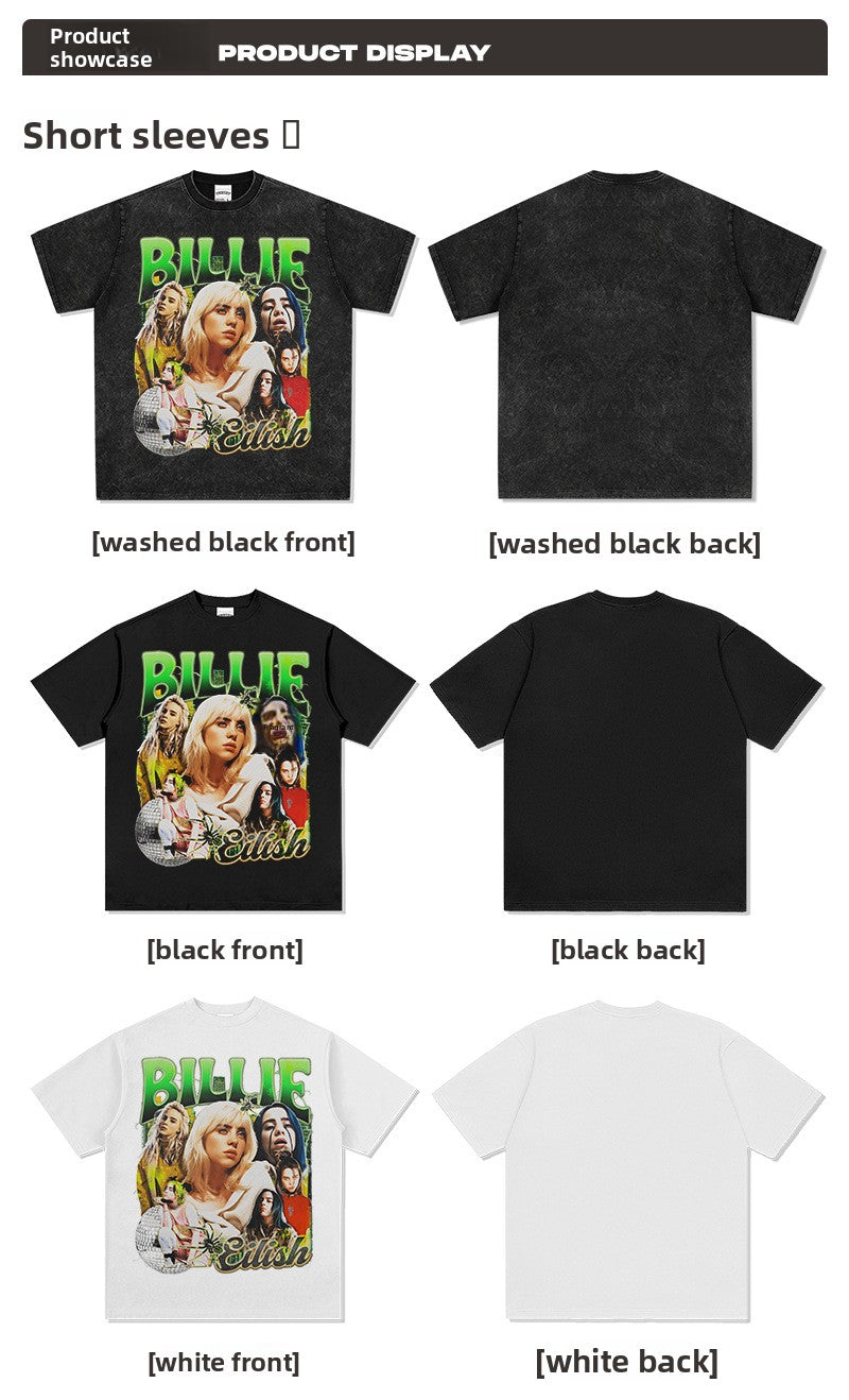 Same Style as Stars Billie Printed Short Sleeve T Trendy Heavyweight Crew Neck Hooded Sweatshirt